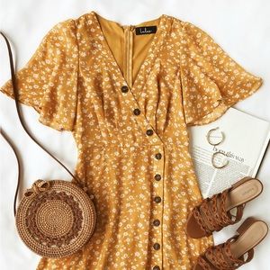 Lulu's After-Bloom Delight Golden Yellow Floral Print Midi Dress size M